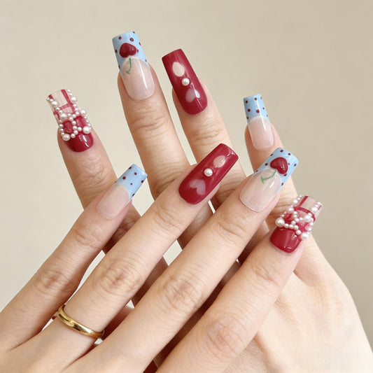 Cherry Pearl Press-On Nails - Red Blue False Nails - lifestyle view - ClouDIY UK