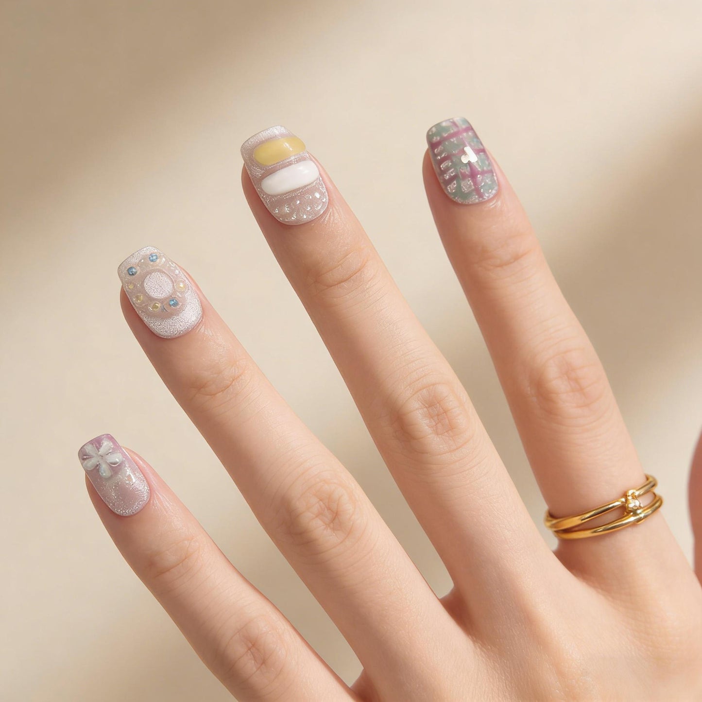 Pastel Dot Press-On Nails - Yellow Blue Red False Nails UK - close up - ClouDIY UK