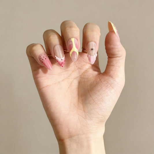 3D Floral Pink Yellow Press-On Nails - Luxury False Nails UK - lifestyle view - ClouDIY UK