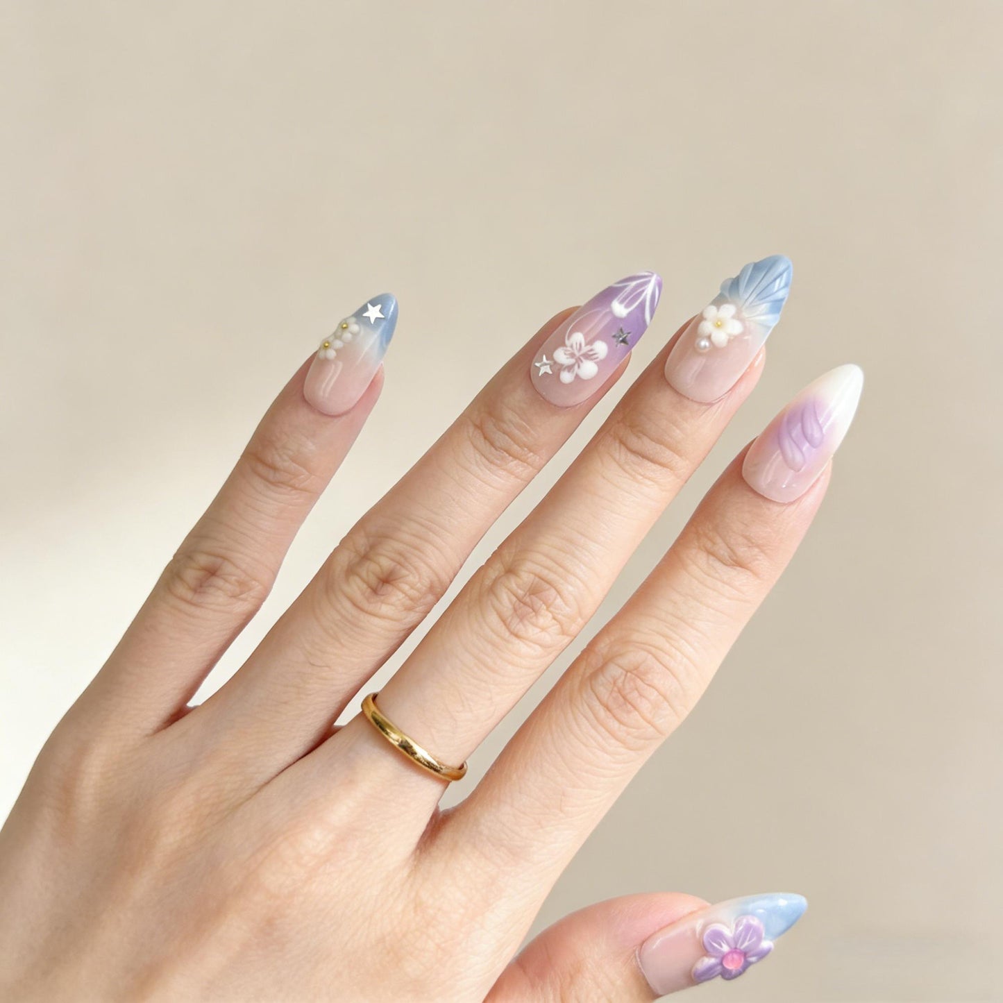 Purple Blue Floral Press-On Nails - Pearl Star False Nails Women UK - side view - ClouDIY UK