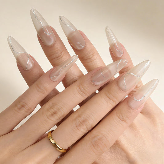 White Silver Crack Press-On Nails - Minimalist False Nails UK - lifestyle view - ClouDIY UK