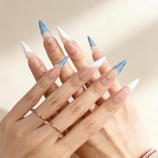 Pink Blue Wave Press-On Nails - Star Pearl False Nails UK - lifestyle view - ClouDIY UK