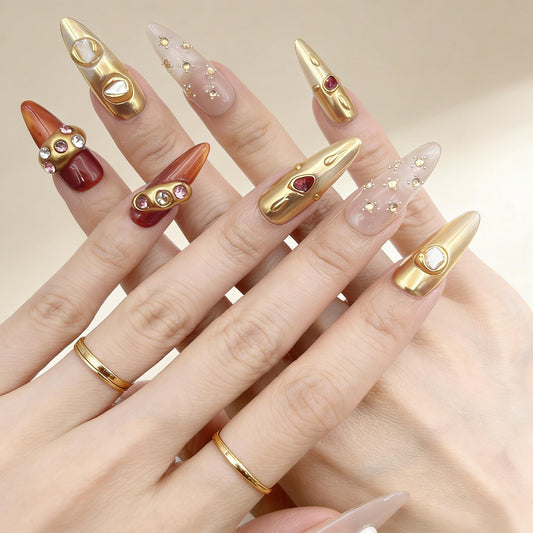Nude Gold Gem Press-On Nails - Pearl Accent False Nails UK - lifestyle view - ClouDIY UK