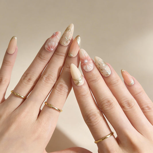 Cream Gold Floral Press-On Nails - Pearl Accent False Nails UK - lifestyle view - ClouDIY UK