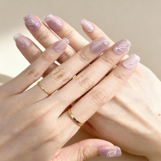 Pastel Pink Jellyfish Press-On Nails - Pearl Accent False Nails UK - close up - ClouDIY UK