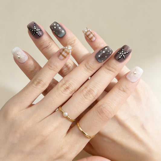 Navy Star Flower Press-On Nails - Pearl Accent False Nails UK - detail view - ClouDIY UK