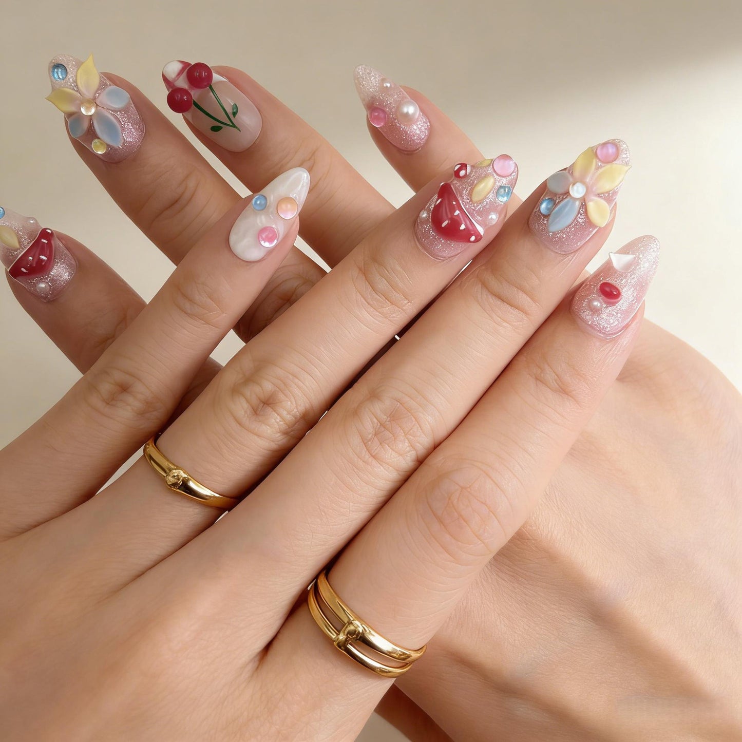 Mushroom Cherry Press-On Nails - Multi-Colour Gem False Nails - close up - ClouDIY UK