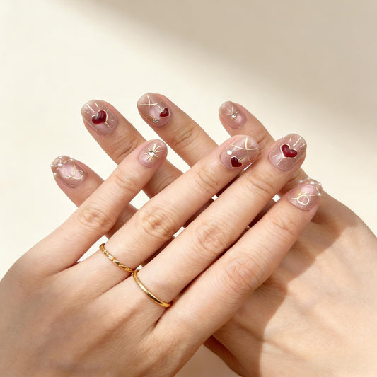 Blush Red Heart Press-On Nails - Gold Line False Nails UK - side view - ClouDIY UK