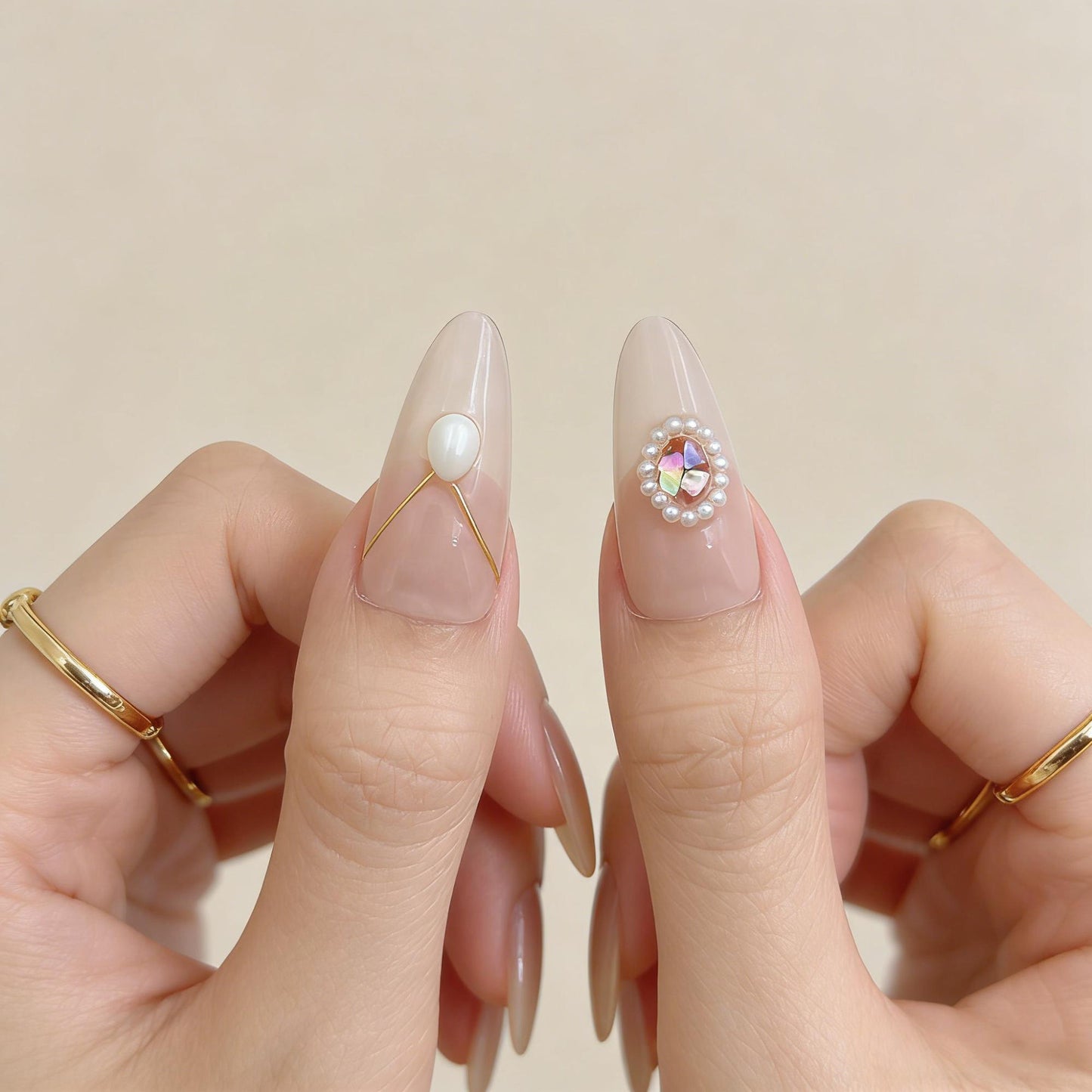 Nude Gold Gem Press-On Nails - Pearl Accent False Nails UK - side view - ClouDIY UK