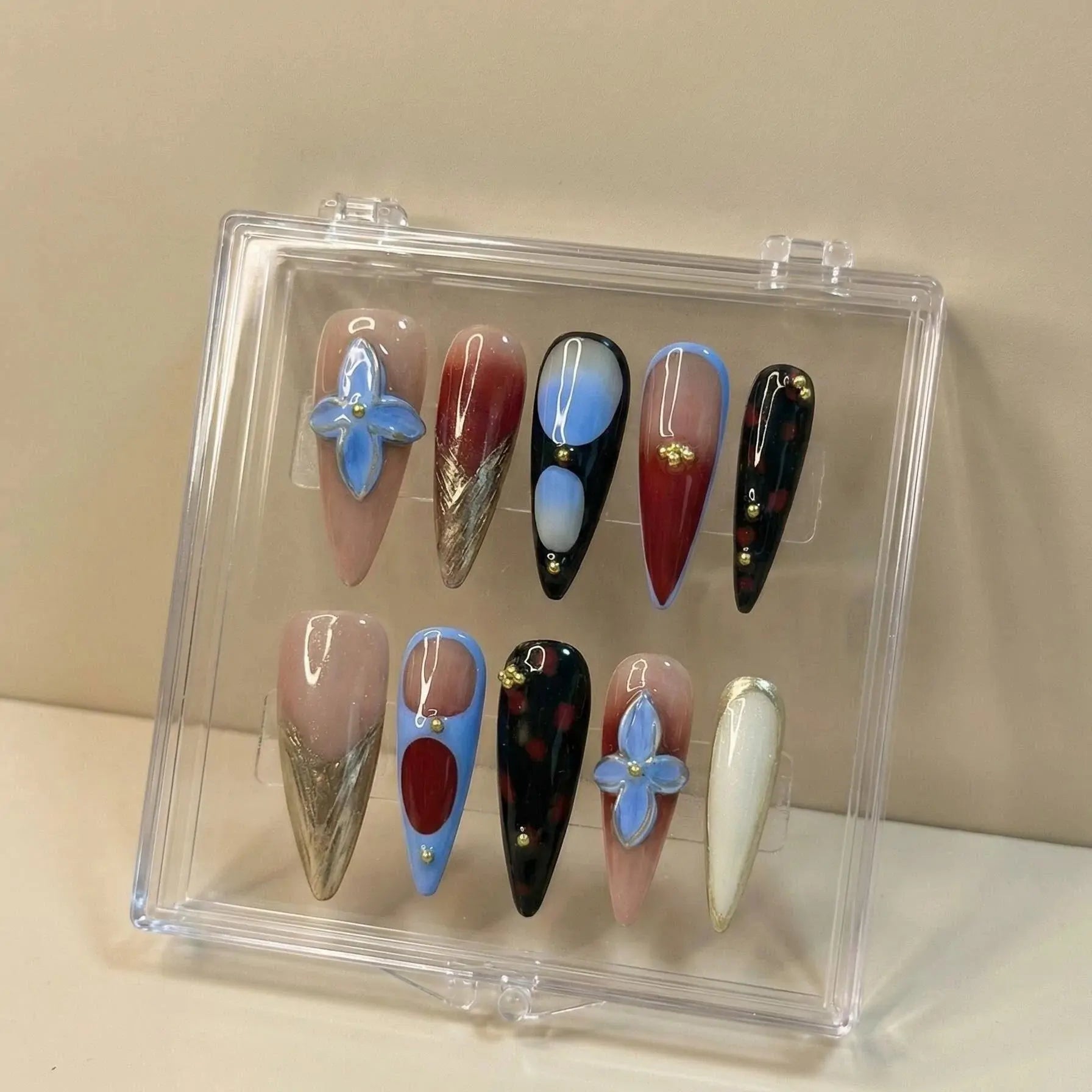 Blue Floral Stiletto Nails detail UK