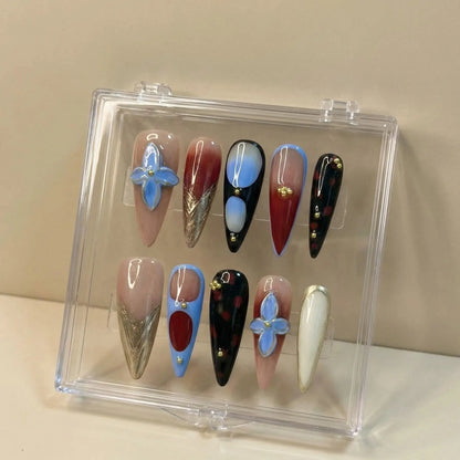 Blue Floral Stiletto Nails detail UK