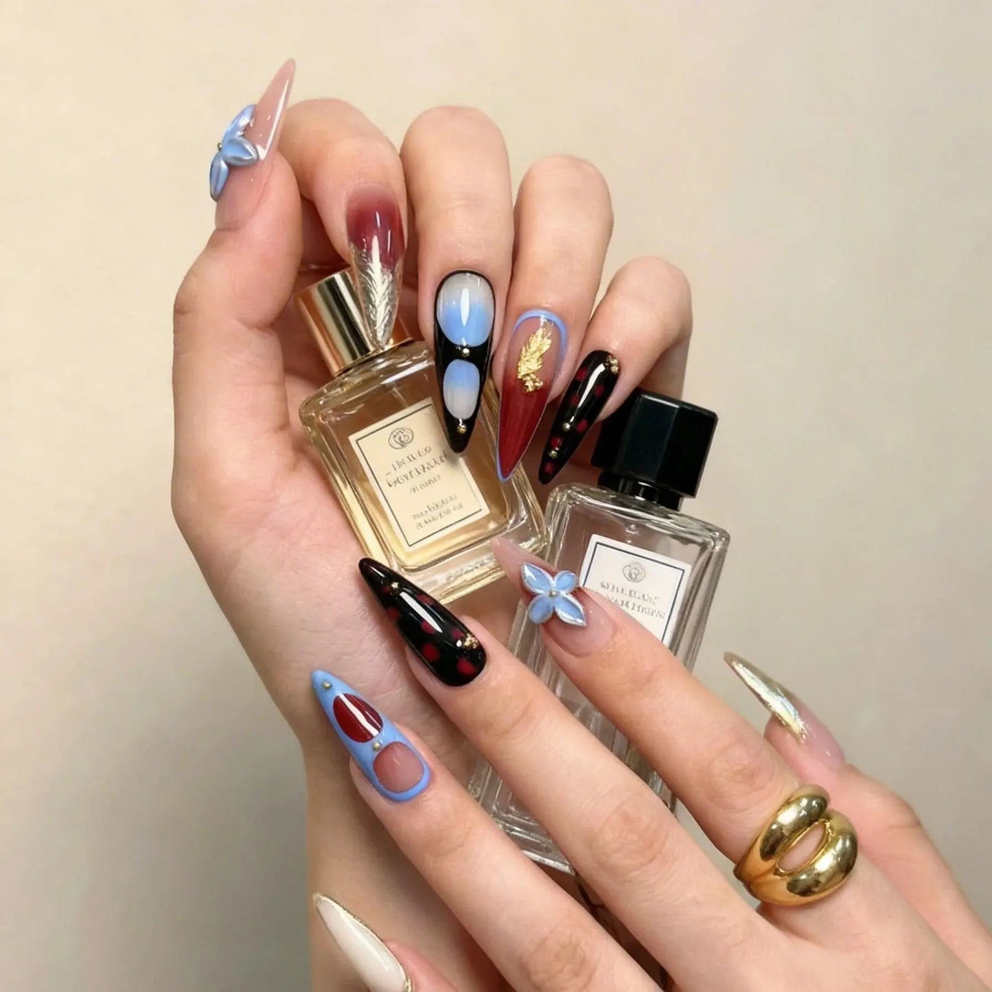 Blue Floral Stiletto Nails lifestyle UK