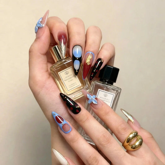 Blue Floral Stiletto Press On Nails | Red & Black Tortoiseshell Nails UK