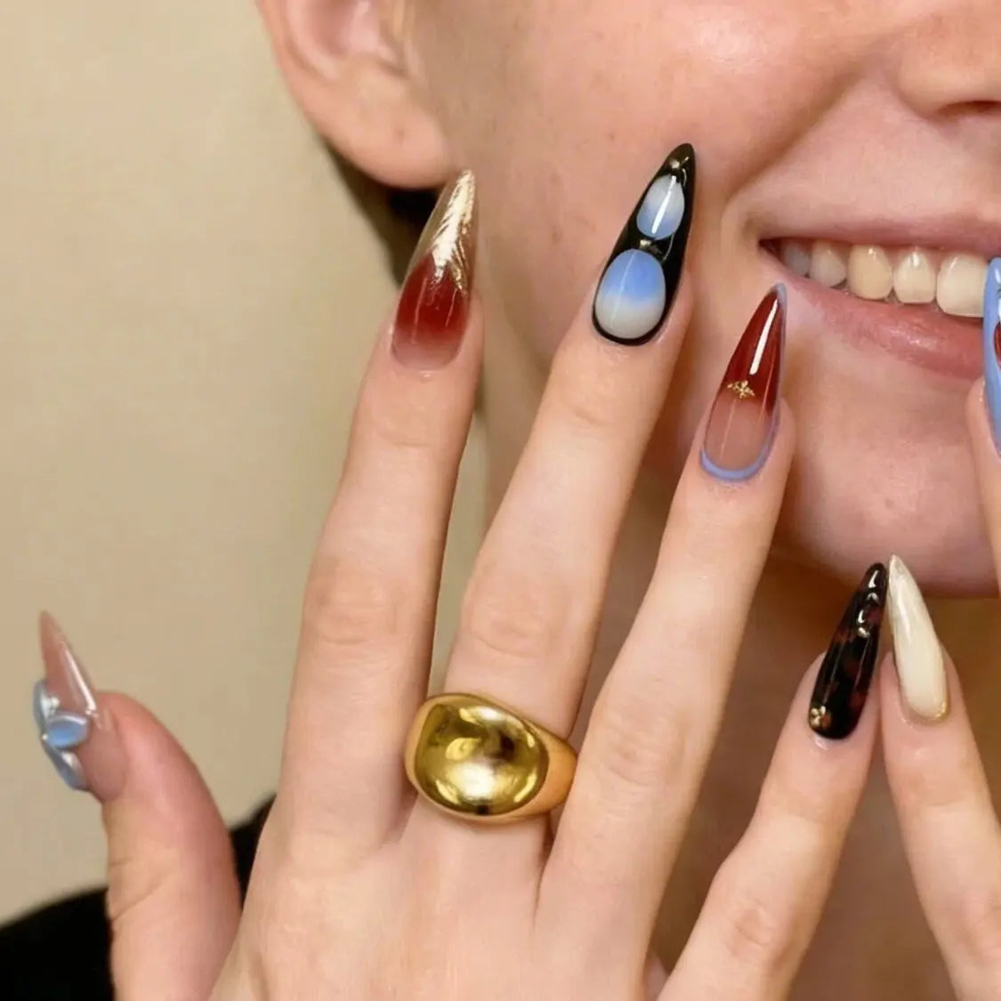 Blue Floral Stiletto Nails side view UK