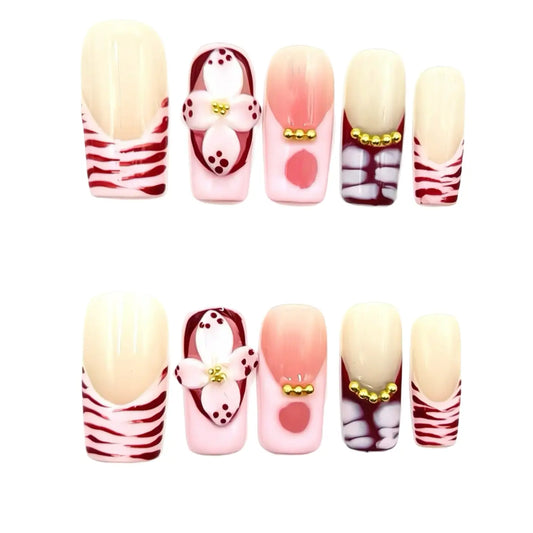 Red White Floral Press-On Nails - Glitter Gold Accent Nails UK