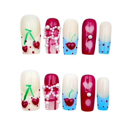 Cherry Pearl Press-On Nails - Red Blue False Nails for Ladies UK