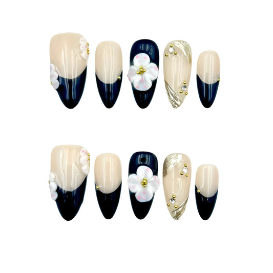 Black White Floral Press-On Nails - Gold Accent False Nails UK