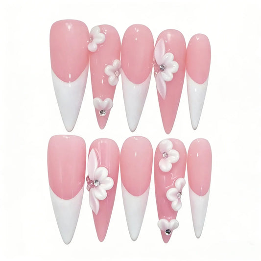 Pink White Floral Press-On Nails - Jewel Accent False Nails UK