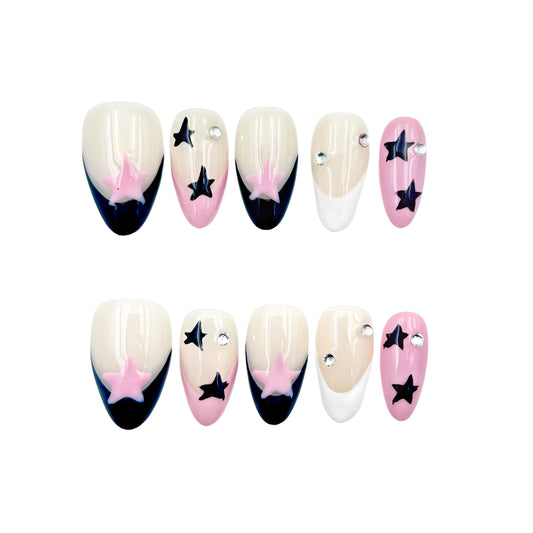 Pink Navy Star Press-On Nails - Crystal Accent False Nails UK
