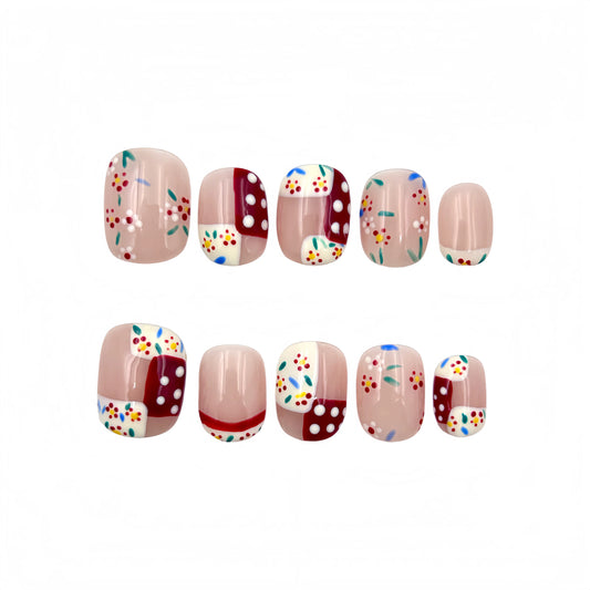 Beige Red Floral Press-On Nails - Polka Dot Art False Nails UK