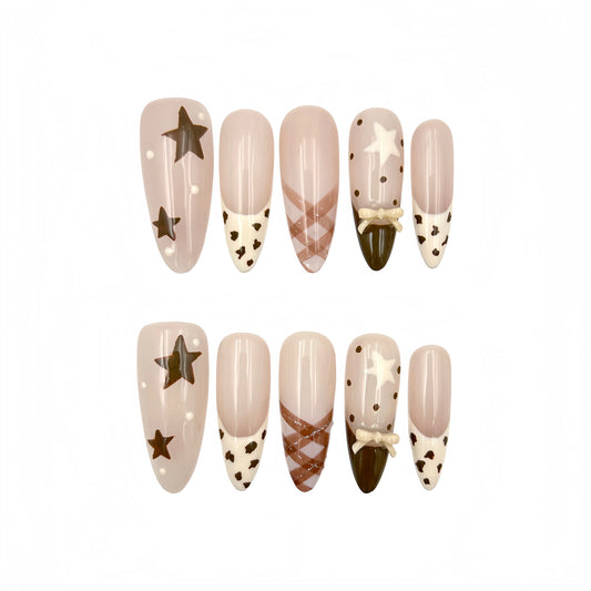 Beige Brown Star Press-On Nails - Bow Accent False Nails UK