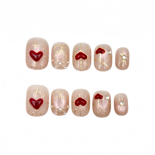 Blush Red Heart Press-On Nails - Gold Line False Nails UK