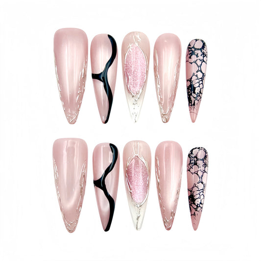 Pink Black Marble Press-On Nails - Glitter Art False Nails UK