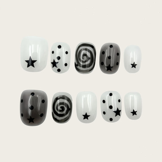 Handmade Press-on Nails Short Square Black White Star Polka Dot, Salon Quality Reusable Fake Nails for Casual Wear