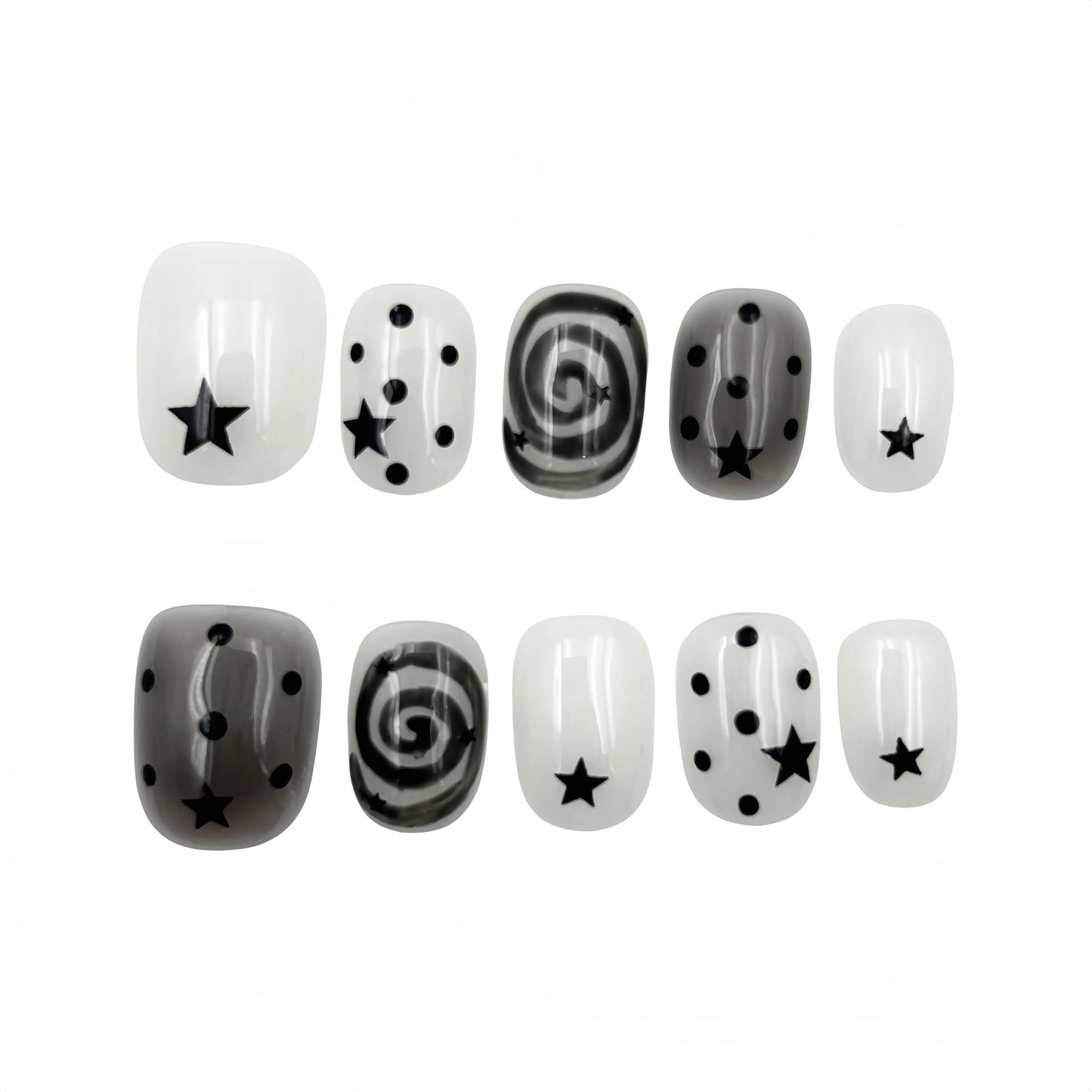 Black White Star Press-On Nails - Swirl Dot false nails UK