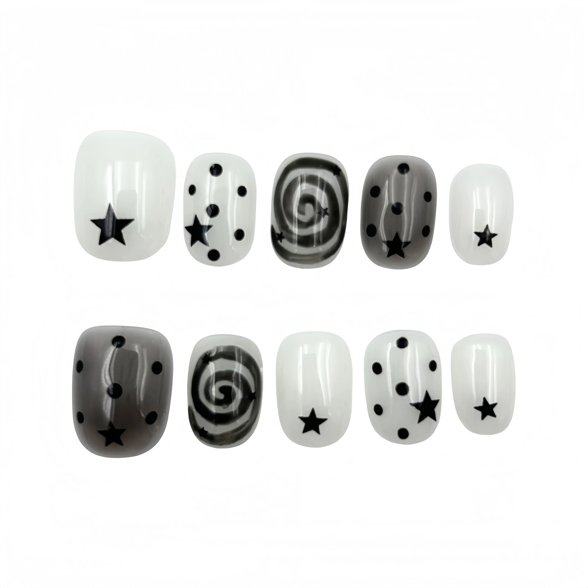 Black White Star Press-On Nails - Swirl Dot false nails UK