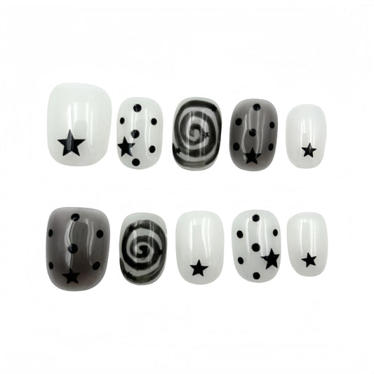 Black White Star Press-On Nails - Swirl Dot False Nails UK