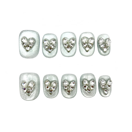 Silver Heart Jewel Press-On Nails - Glitter False Nails UK
