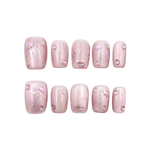Pastel Pink Jellyfish Press-On Nails - Pearl Accent False Nails UK