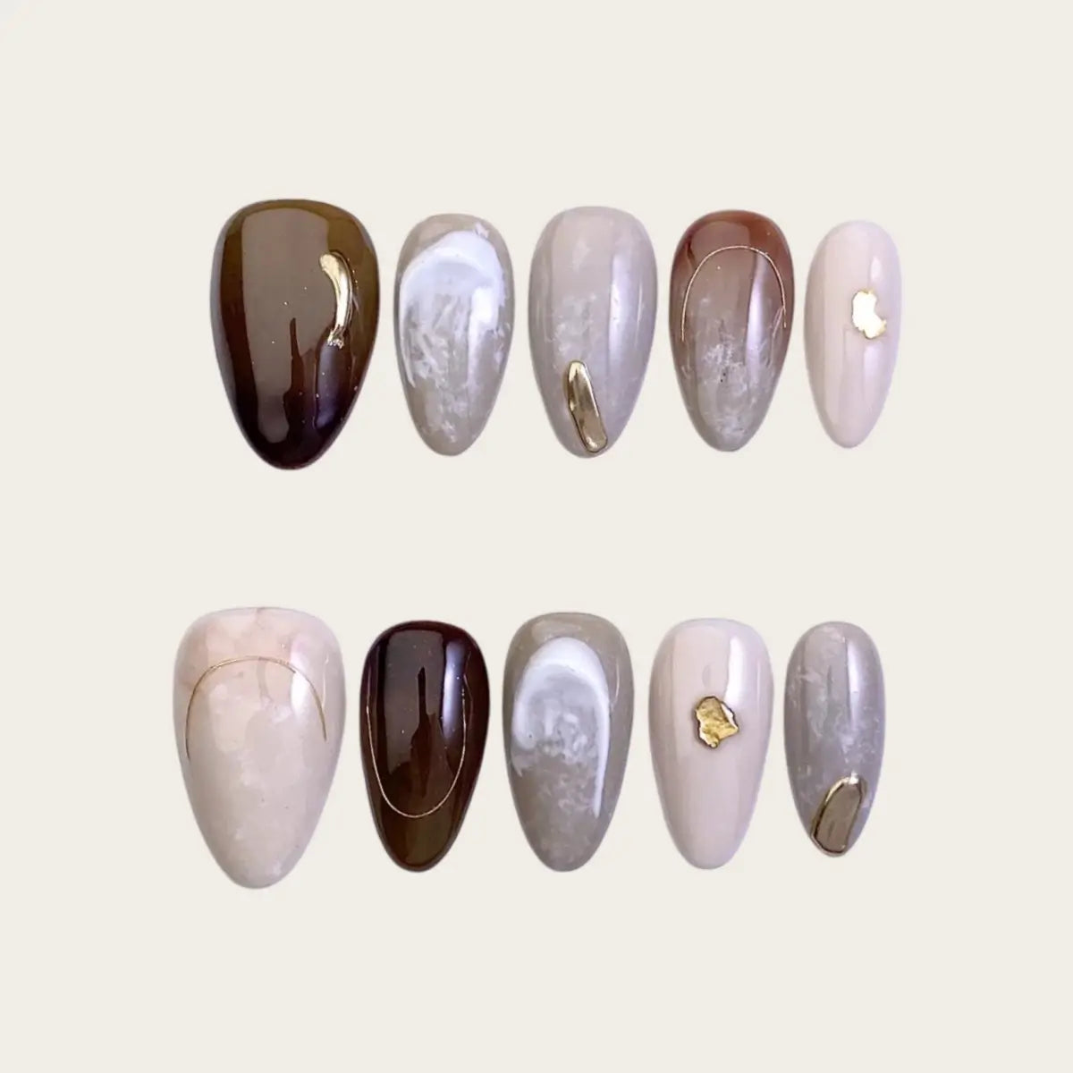 Chocolate Brown Almond Press On Nails Gold Leaf Swirl UK