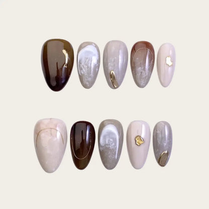 Chocolate Brown Almond Press On Nails Gold Leaf Swirl UK