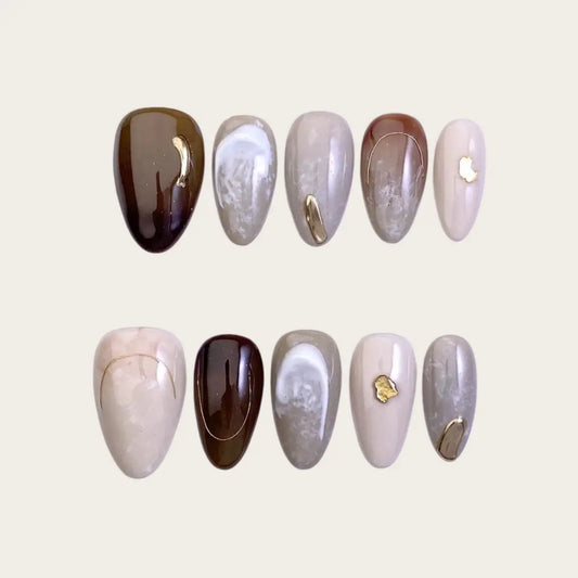 Chocolate Brown Almond Press On Nails with Gold Leaf & Milky Swirl