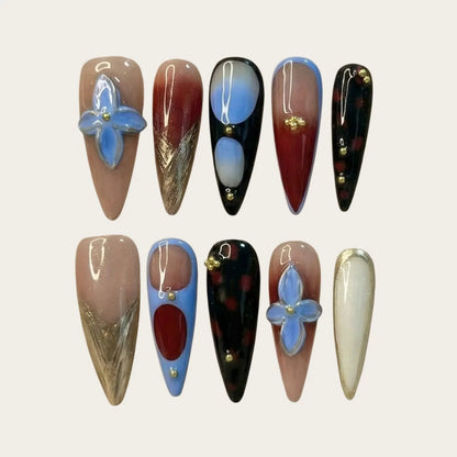 Blue Floral Stiletto Press On Nails Tortoiseshell UK