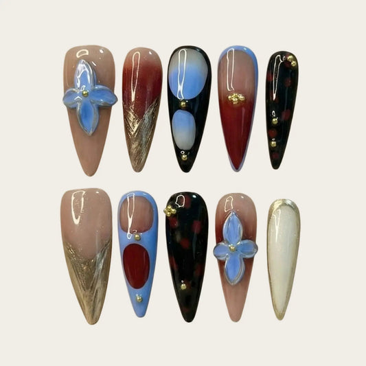 Blue Floral Stiletto Press On Nails | Red & Black Tortoiseshell Nails UK