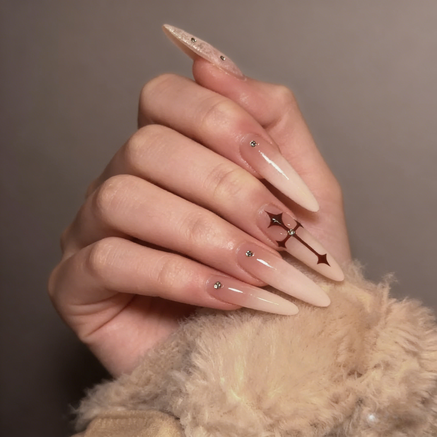 Gothic Cross Stiletto Press On Nails | Nude Ombre with Rhinestones UK