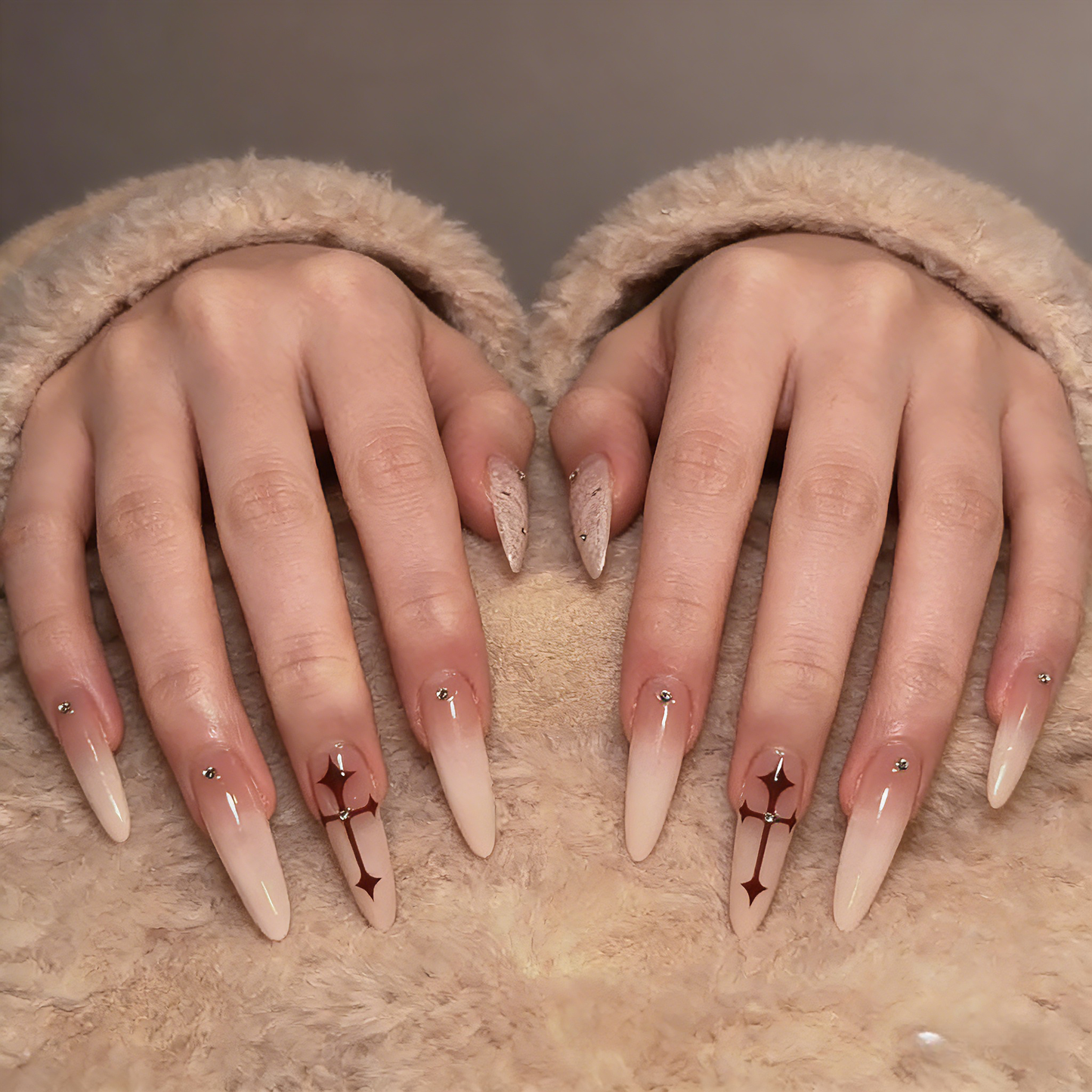 Gothic Cross Stiletto Press On Nails | Nude Ombre with Rhinestones UK