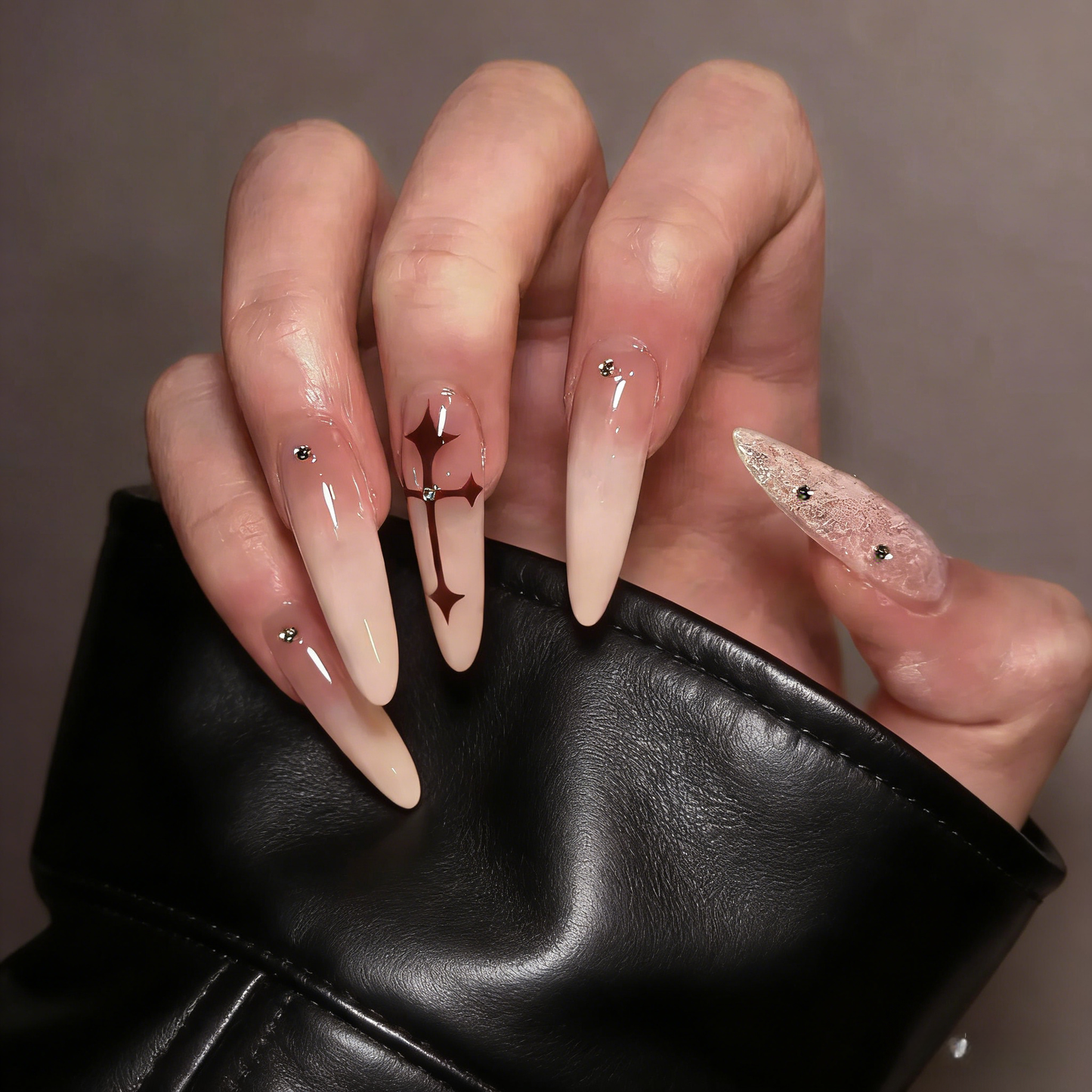 Gothic Cross Stiletto Press On Nails | Nude Ombre with Rhinestones UK