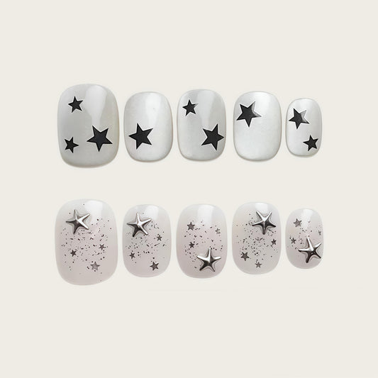 Handmade Press-on Nails Short Square Black and Silver Star Design, Reusable Salon Quality Nails for Daily Wear or Casual Events