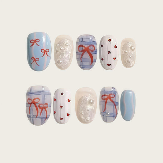 Handmade Press-on Nails Medium Almond Blue Plaid Red Bow and Heart Design, Reusable Salon Quality Nails for Casual Wear or Parties