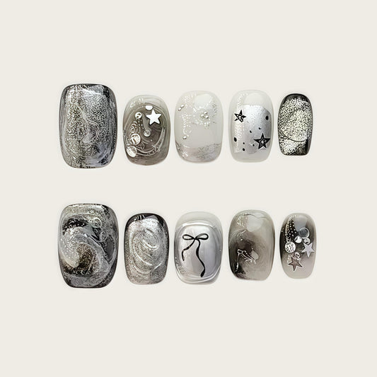 Handmade Press-on Nails Short Square Silver Chrome Star and Swirl Design, Reusable Salon Quality Nails for Parties or Daily Wear