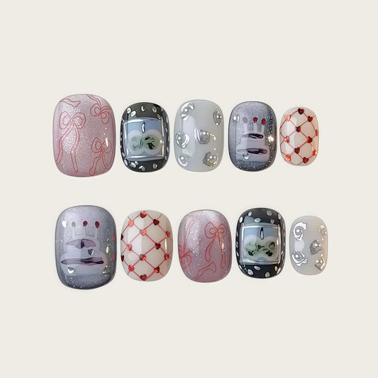 Handmade Press-on Nails Short Square Birthday Cake and Bow Design, Reusable Salon Quality Nails for Parties or Gifting