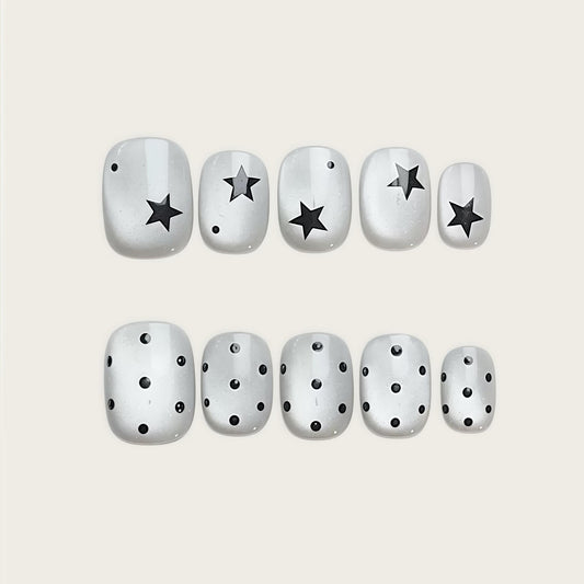 Handmade Press-on Nails Short Square Silver Cat Eye Black Star and Polka Dot Design, Reusable Salon Quality Nails for Daily Wear or Parties