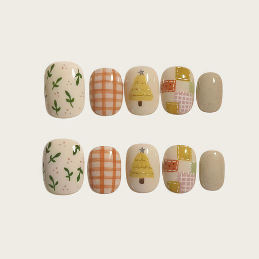 Handmade Press-on Nails Short Oval Christmas Tree and Orange Plaid Design, Reusable Salon Quality Nails for Holiday or Casual Wear
