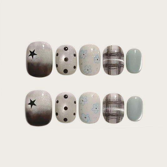 Handmade Press-on Nails Short Oval Multicolour Star Polka Dot Floral Plaid Design, Reusable Salon Quality Nails for Daily Wear or Casual Occasions