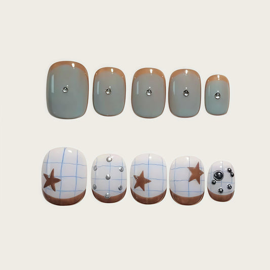 Handmade Press-on Nails Short Square Brown French Star and Rhinestone Grid Design, Reusable Salon Quality Nails for Daily Wear or Casual Events