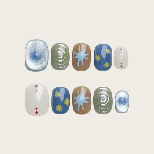 Handmade Press-on Nails Short Oval Multicolour Star Swirl and Cat Eye Design, Reusable Salon Quality Nails for Casual Wear or Holidays